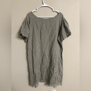 Saiph Italy 100% Linen Size 2X Ivy Lace Hem Ruffle Sleeve Shift Dress Army Green